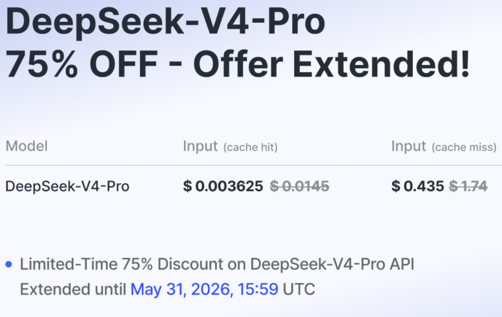 خصم ٧٥٪ على DeepSeek-V4-Pro API حتى نهاية مايو