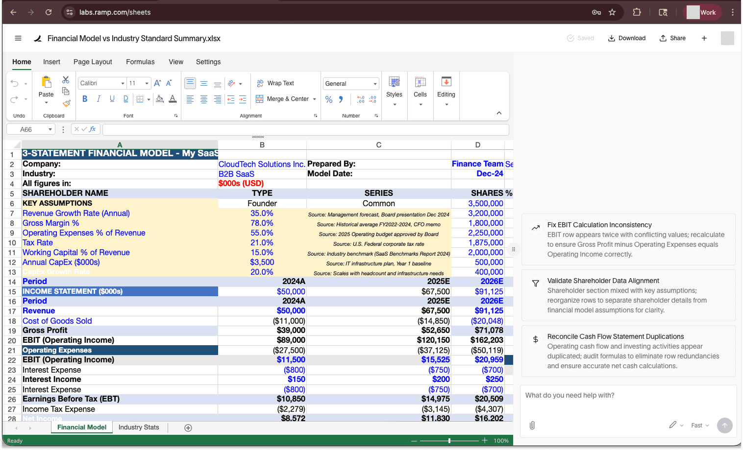 نموذج مالي سري مفتوح في تطبيق Ramp Sheets AI