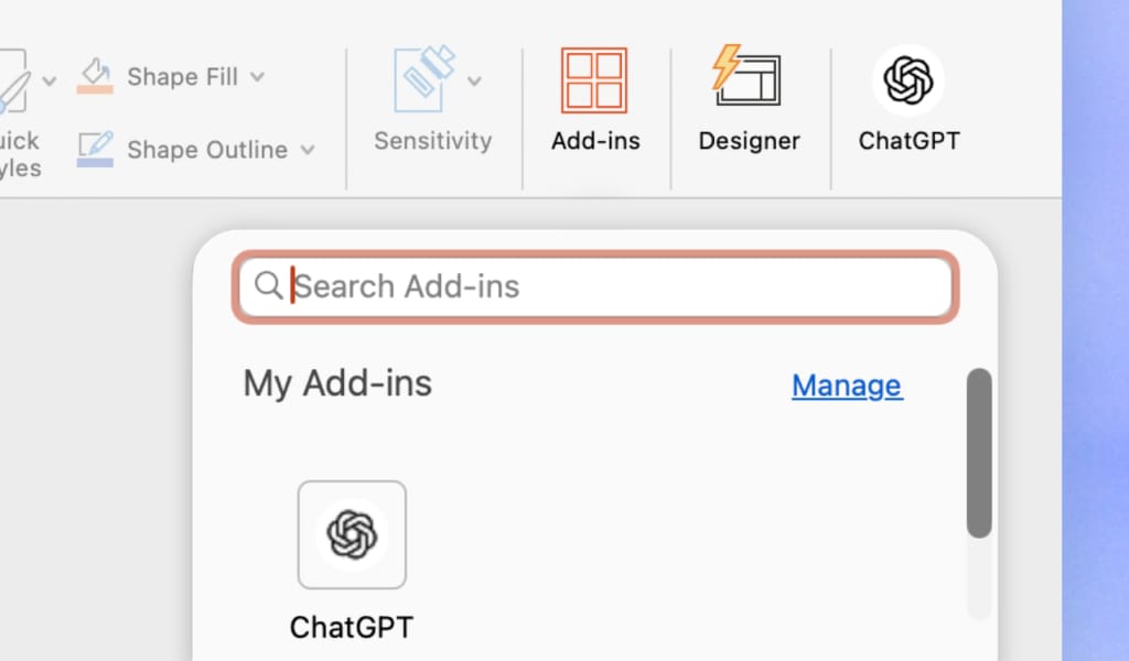 واجهة تكامل ChatGPT مع PowerPoint تظهر إنشاء عرض تقديمي بالأوامر الطبيعية