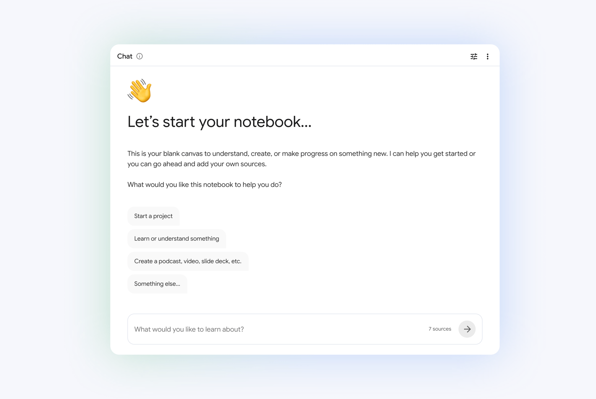 واجهة NotebookLM تظهر خيارات البدء بالبحث مباشرة