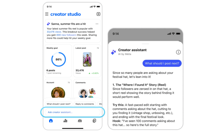 واجهة تطبيق Creator Studio الجديد من ميتا مع مساعد الذكاء الاصطناعي