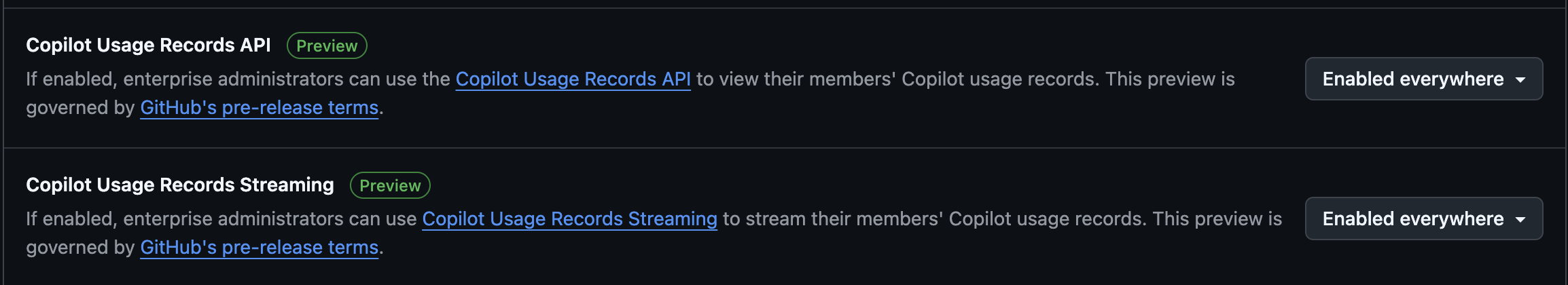 إعدادات تفعيل بث سجلات استخدام Copilot وواجهة REST API ضمن قسم AI Controls في GitHub Enterprise