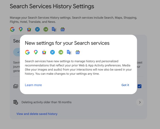 إعدادات Search Services History في حساب غوغل تُظهر خيار إلغاء حفظ الوسائط