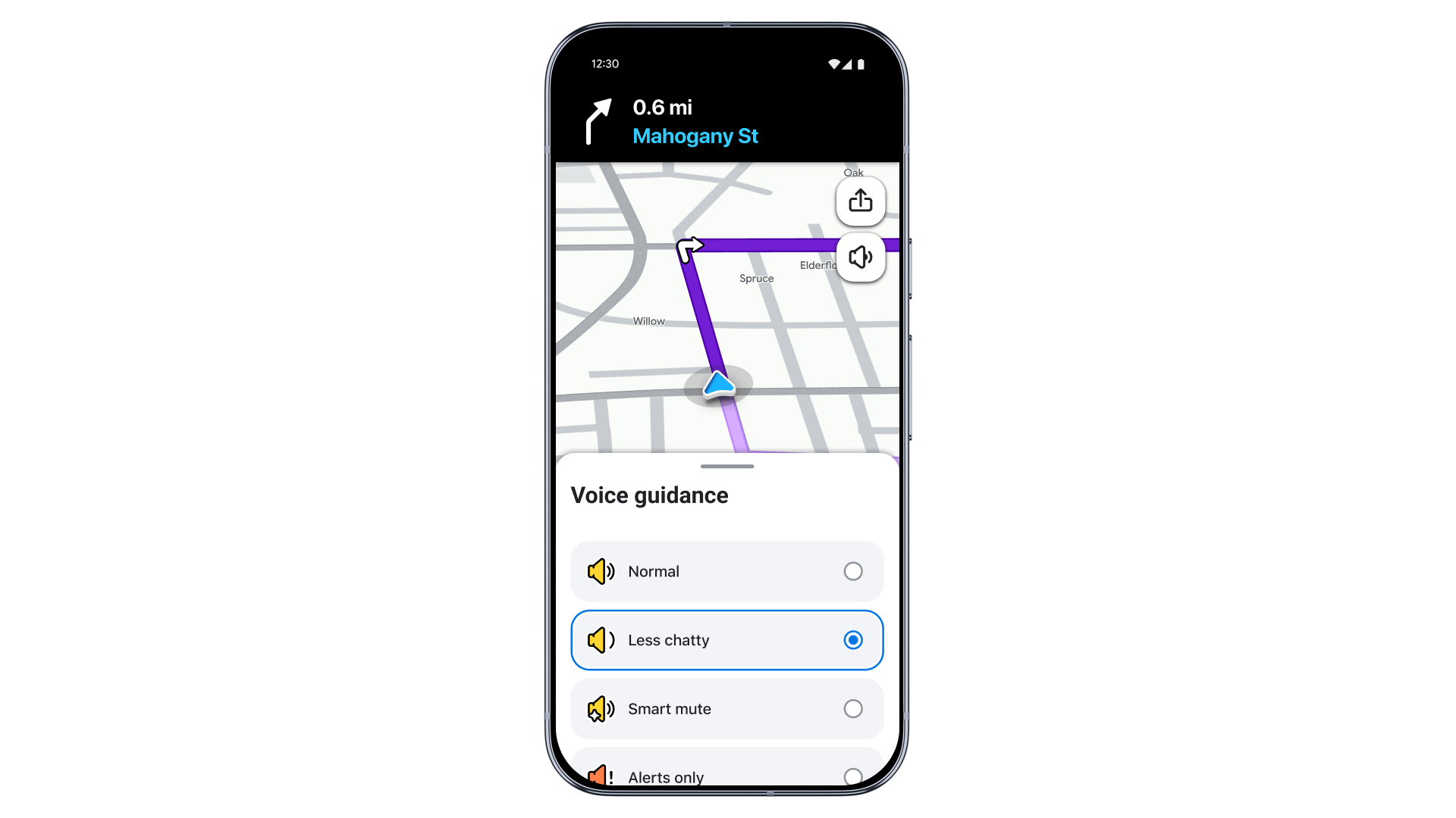 واجهة وضع Less Chatty في تطبيق Waze لتقليل الإرشادات الصوتية