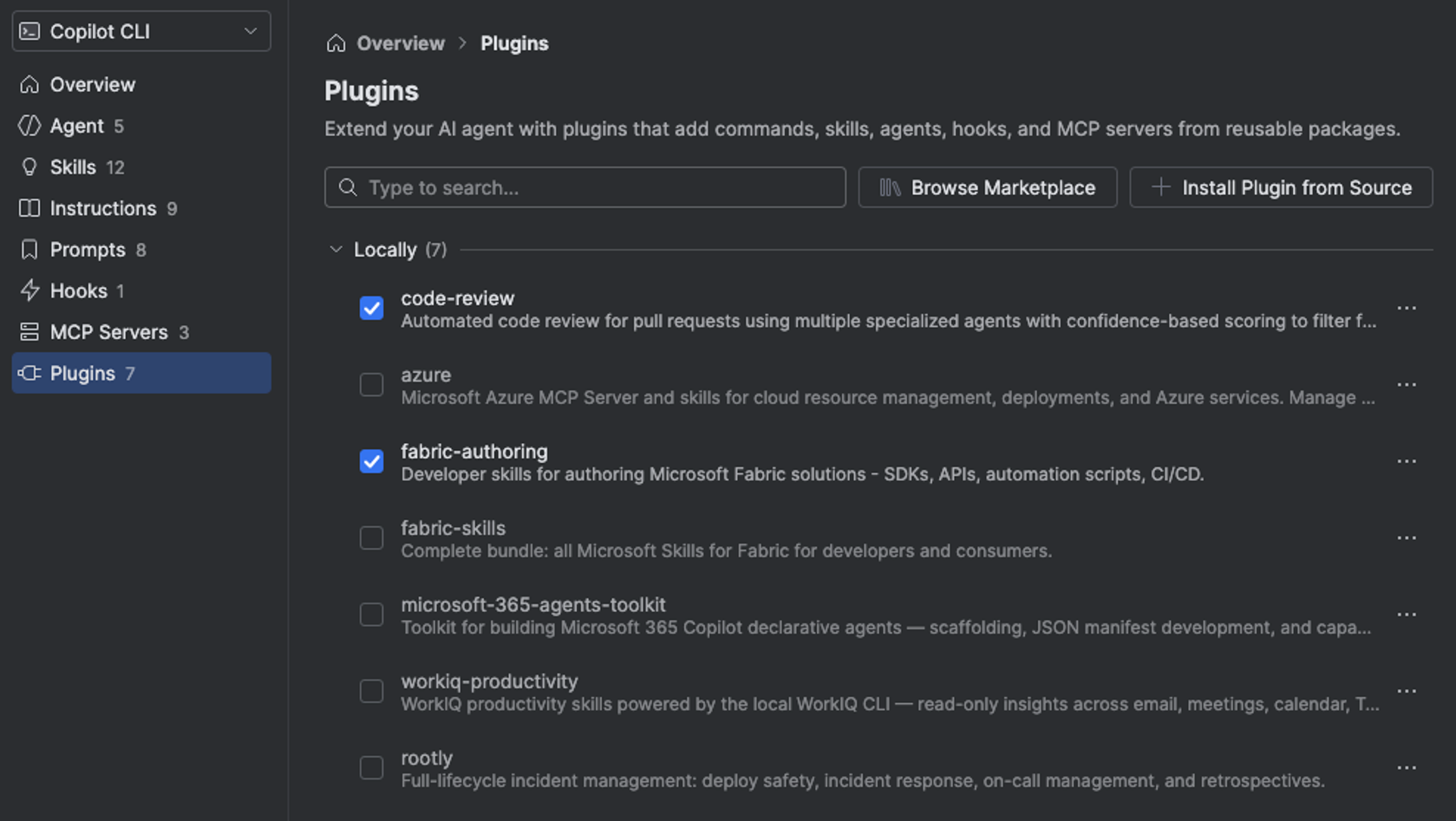 واجهة Agent Customizations تُظهر إدارة الإضافات مع خيارَي marketplace وsource repository