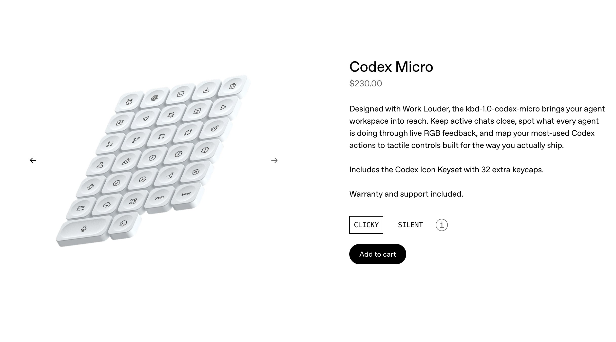 Codex Micro موضوع على المكتب بجانب لوحة مفاتيح رئيسية مع إضاءة المؤشرات الملوّنة