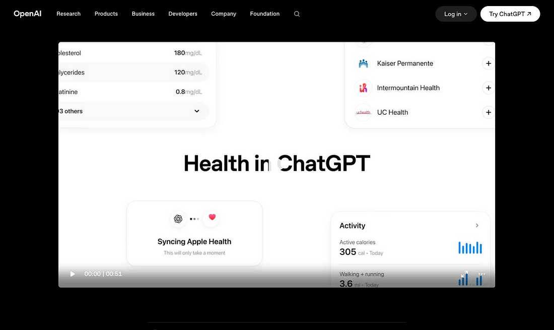 واجهة ChatGPT Health مع بيانات Apple Health والسجلات الطبية