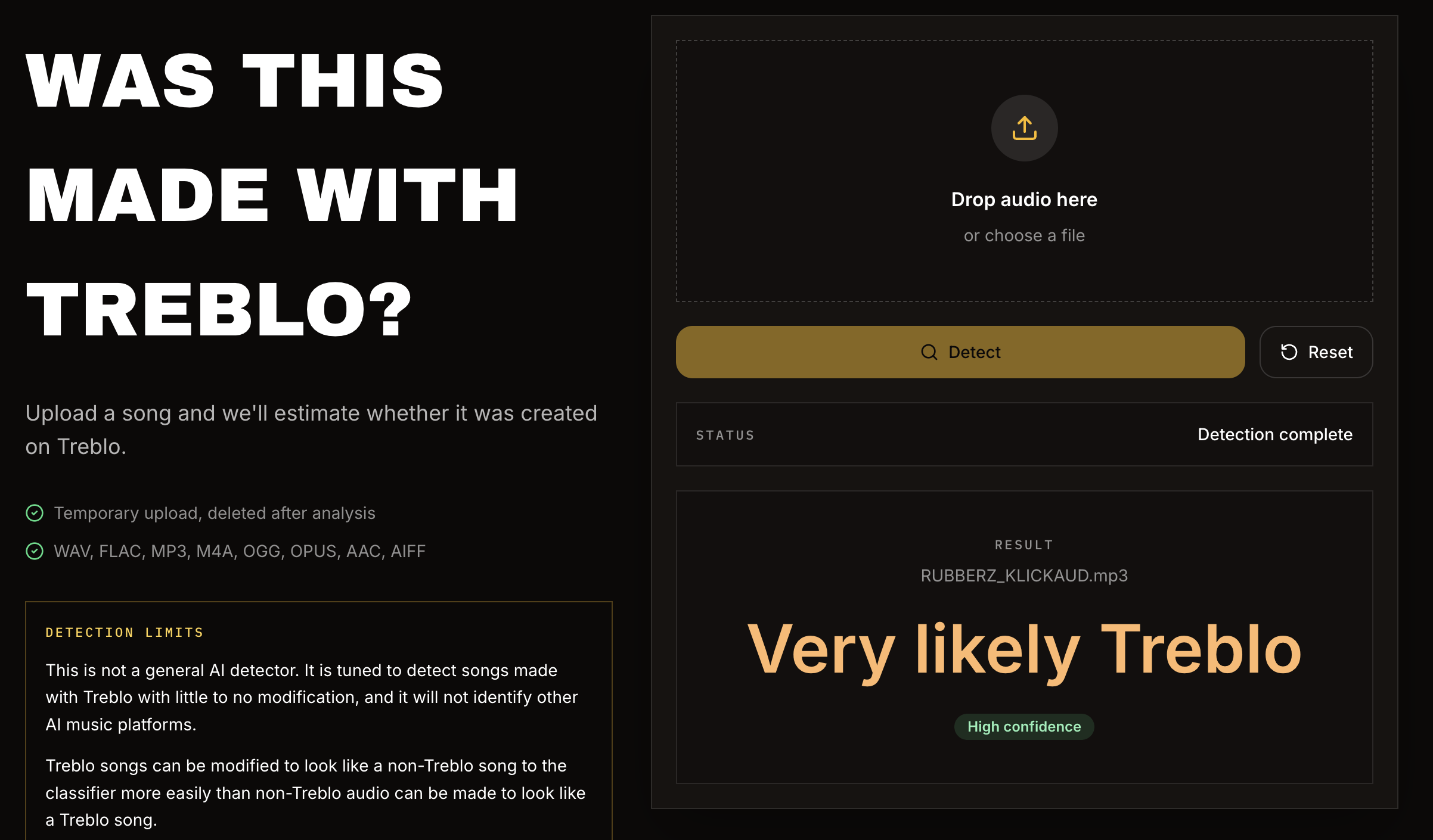 نتيجة أداة Treblo AI Music Classifier على أغنية Rubberz تُظهر احتمالاً عالياً بأنها مولّدة بالذكاء الاصطناعي