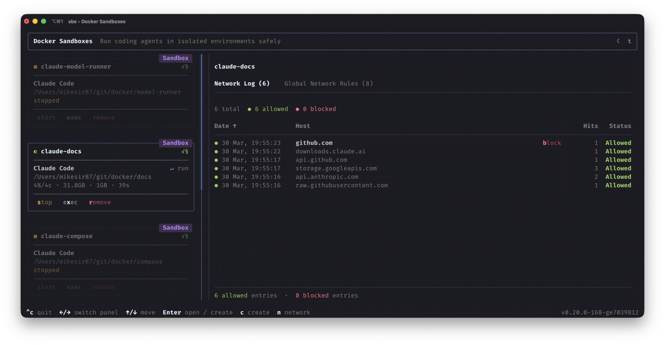 واجهة Docker Sandboxes تُظهر بيئة عمل وكيل الذكاء الاصطناعي داخل sandbox معزولة