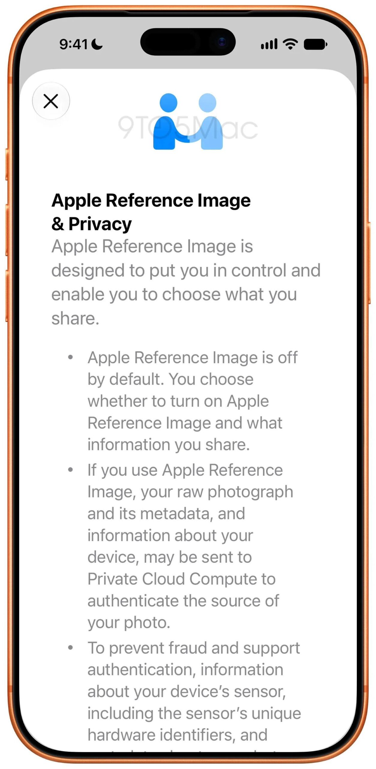 إشعار الخصوصية لميزة Apple Reference Image في إعدادات iOS