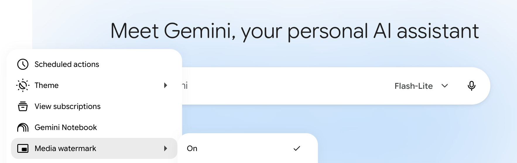 خيار إعداد العلامة المائية في قائمة إعدادات Gemini