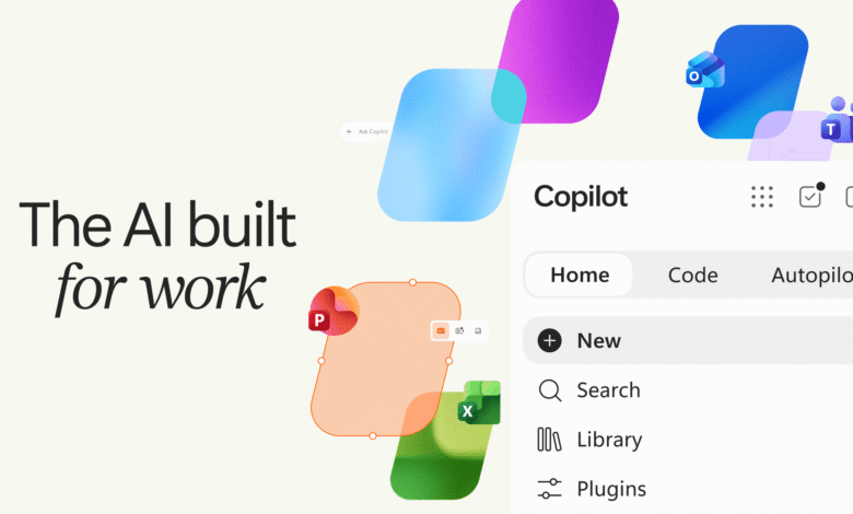 شعارات Copilot المتعددة بألوان مختلفة مع عبارة الذكاء الاصطناعي المصمم للعمل