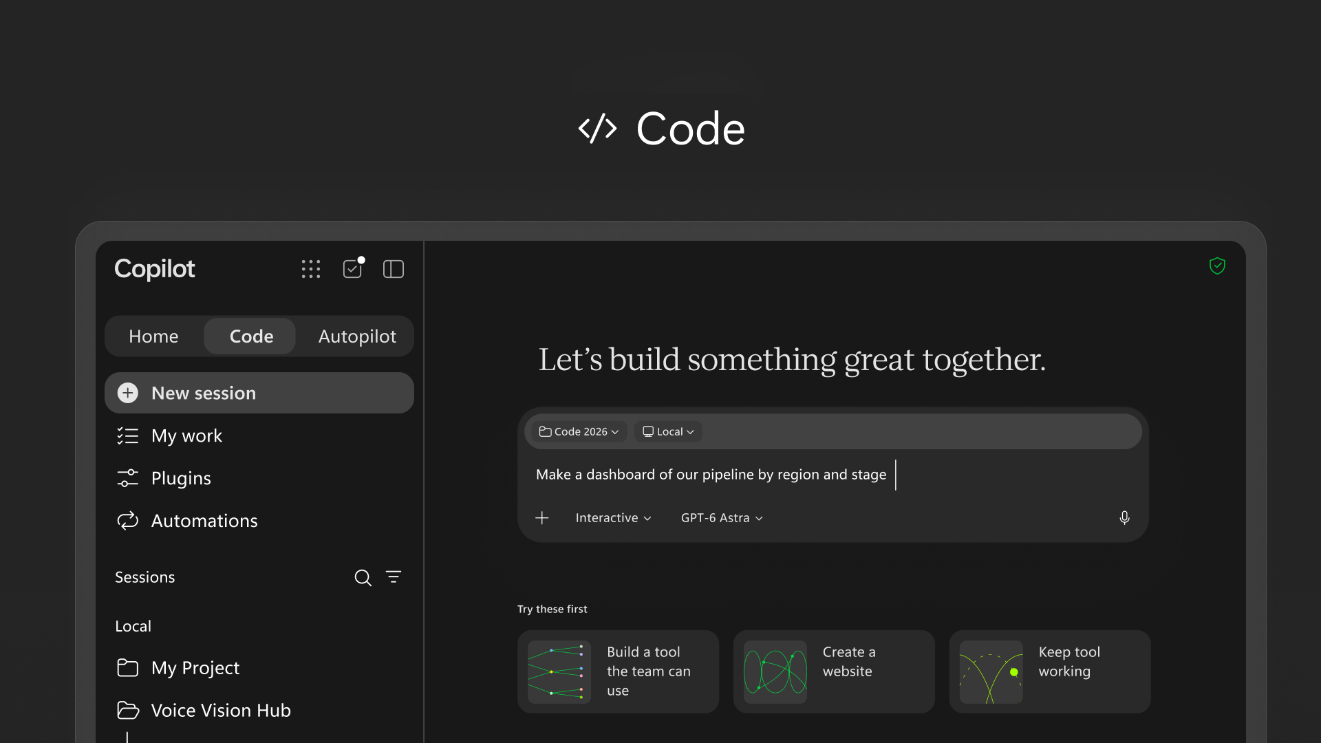 صورة سوداء تعرض قدرة Code الجديدة لبناء التطبيقات داخل Copilot