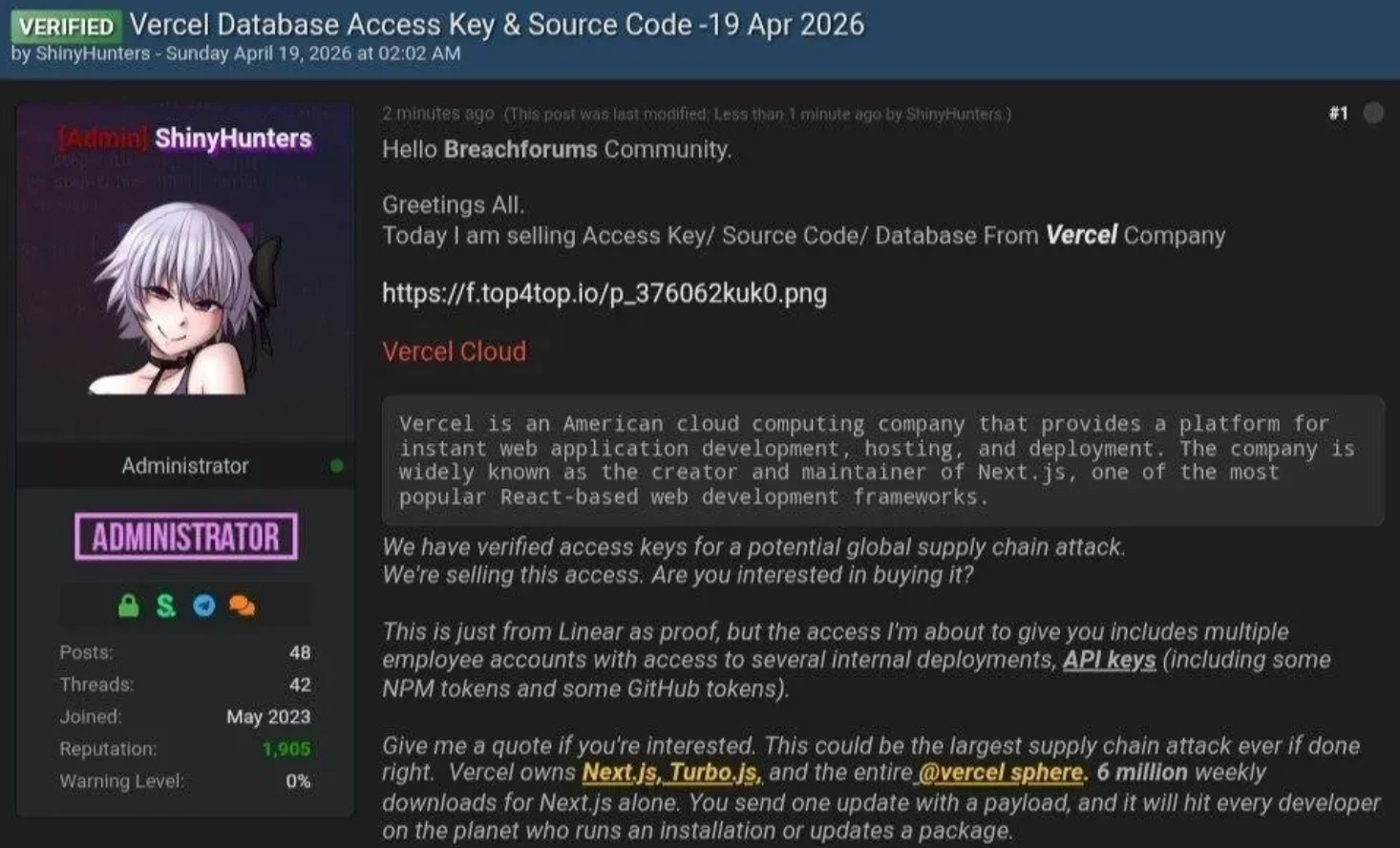 لقطة شاشة لمنشور على منتدى BreachForums يعرض بيانات مسروقة من Vercel للبيع