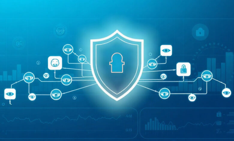 هاتف ذكي يعرض إعلاناً على منصة تواصل مع رمز حماية ودرع رقمي