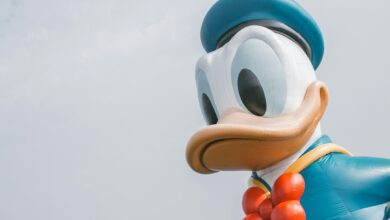 شعار Character.AI على شاشة هاتف بجوار لافتة مقر شركة Disney