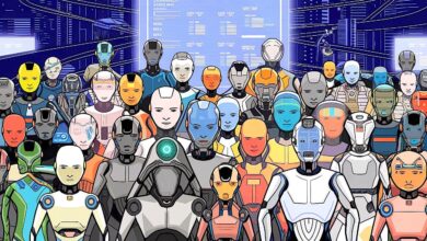 رسم توضيحي لأيقونات ذكاء اصطناعي وحواجز رقمية تمنع الوصول إلى مواقع الويب