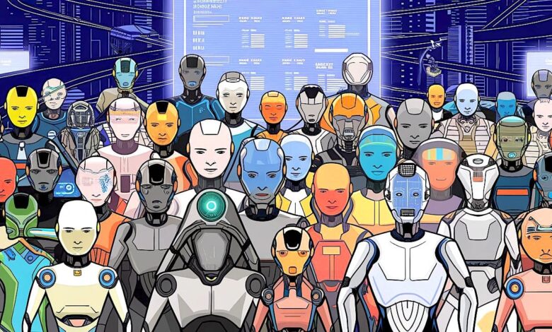 رسم توضيحي لأيقونات ذكاء اصطناعي وحواجز رقمية تمنع الوصول إلى مواقع الويب