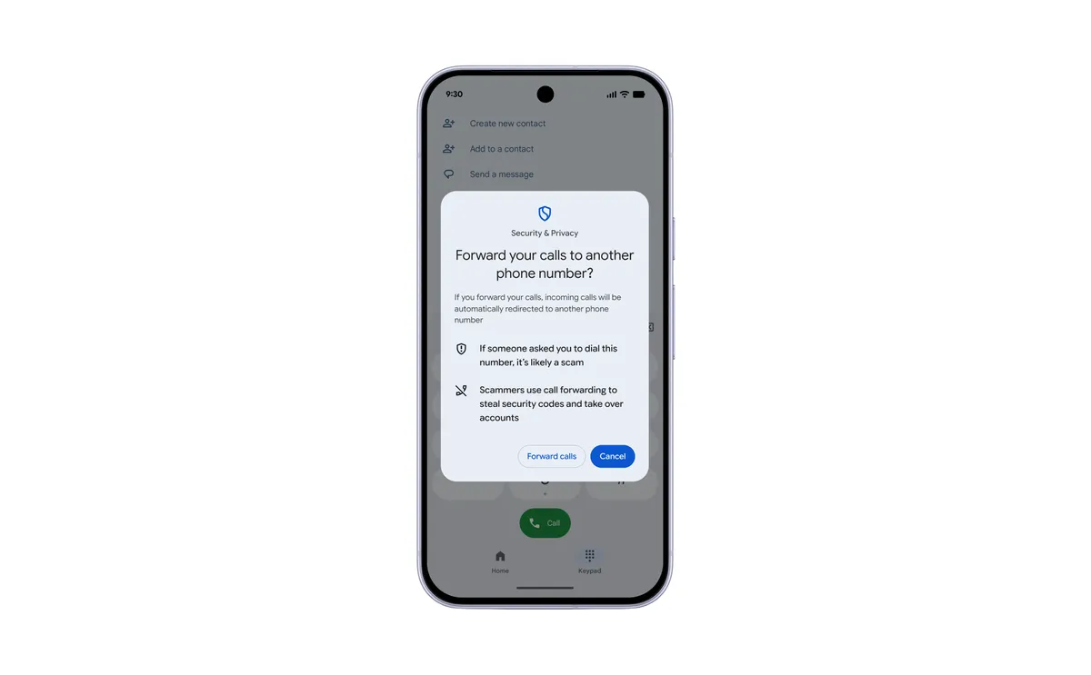 رسالة تحذير على هاتف Android تشرح مخاطر تحويل المكالمات إلى رقم آخر