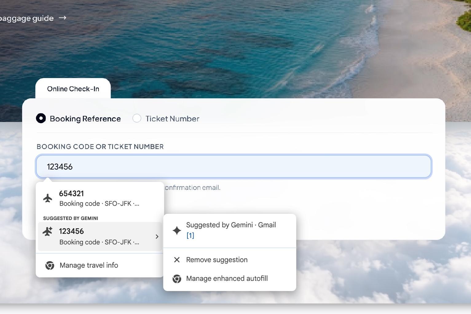 واجهة متصفح Chrome تقترح بيانات مستخرجة من Gmail أثناء ملء نموذج على الويب